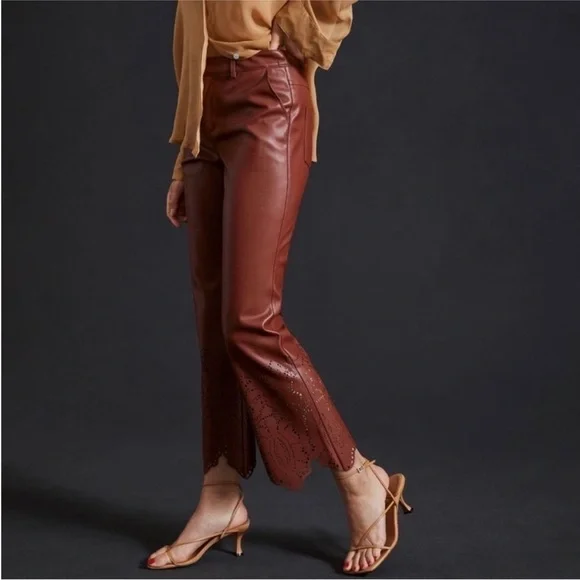 NWOT Anthropologie Laser-Cut Faux Leather Trousers Brown Size 14 Fall Autumn - Picture 15 of 17